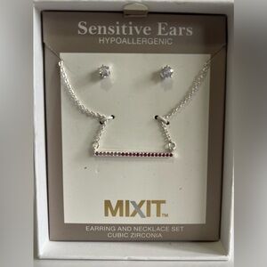 NWT Mixit Silver Necklace with Red Gemstone Bar Pendant and Earring Se